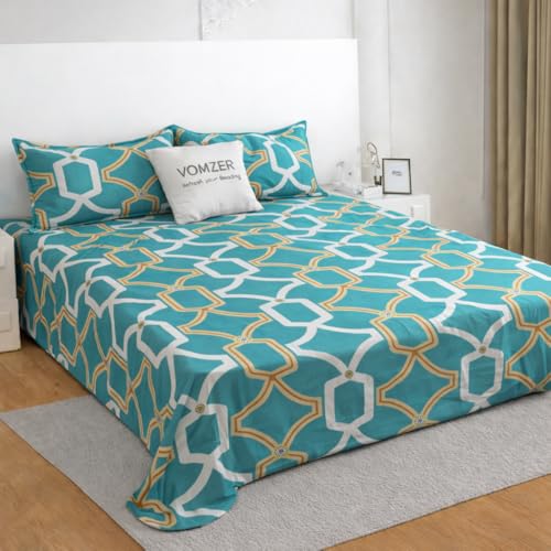 VOMZER Cotton King Size Flat Bedsheet for Double Bed, 1 Cotton Bed Sheet Double Bed (90x100 Inches) with 2 Pillow Cover, Aqua White - Image 1