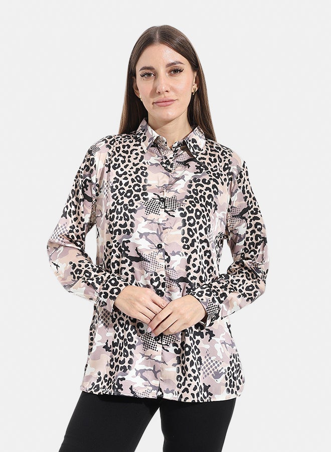 Andora Satin Self Patterened Turned Down Collar Shirt_Black & Kashmir - Image 1