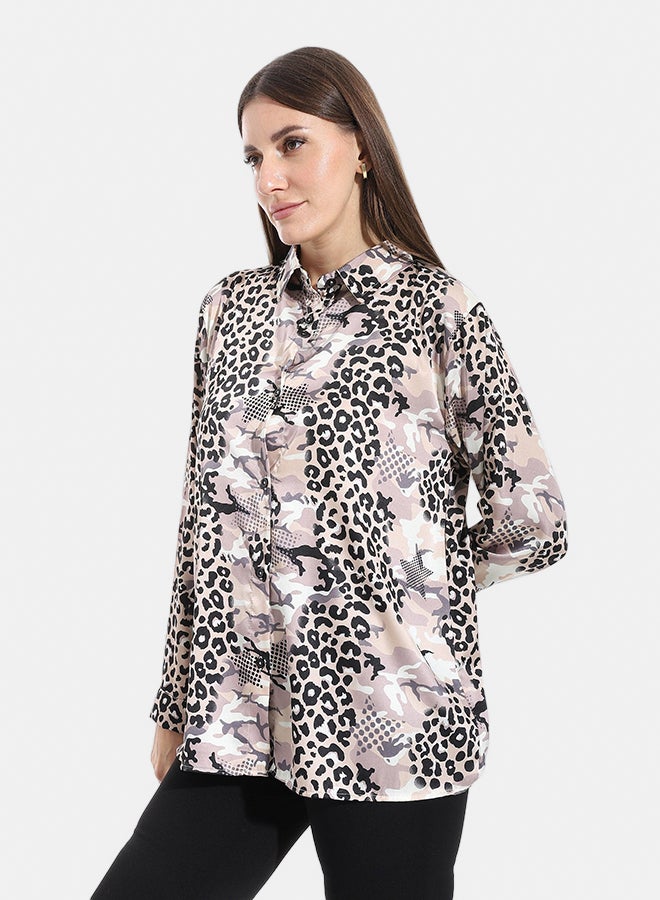 Andora Satin Self Patterened Turned Down Collar Shirt_Black & Kashmir - Image 2