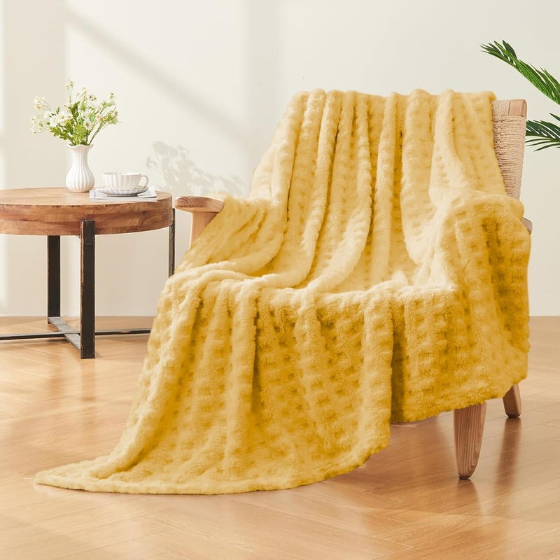 Wajade Fleece Throw Blanket, Fluffy Faux Fur Blanket for Bed Sofa Couch, Soft Warm Thick Blanket,Waffle Yellow-178X203 - Image 3