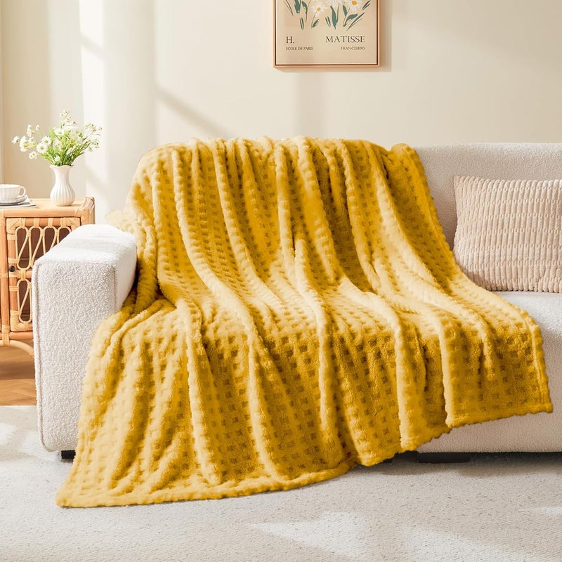 Wajade Fleece Throw Blanket, Fluffy Faux Fur Blanket for Bed Sofa Couch, Soft Warm Thick Blanket,Waffle Yellow-178X203 - Image 2