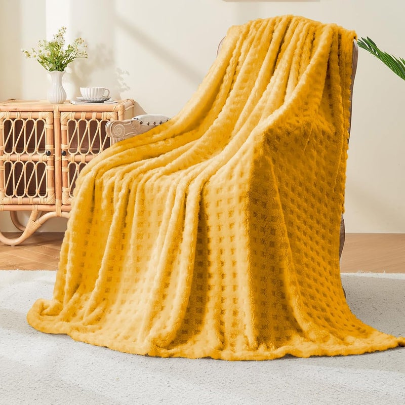 Wajade Fleece Throw Blanket, Fluffy Faux Fur Blanket for Bed Sofa Couch, Soft Warm Thick Blanket,Waffle Yellow-178X203 - Image 1