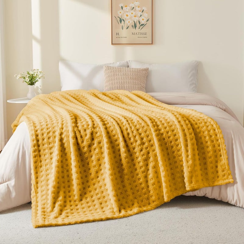 Wajade Fleece Throw Blanket, Fluffy Faux Fur Blanket for Bed Sofa Couch, Soft Warm Thick Blanket,Waffle Yellow-178X203 - Image 4