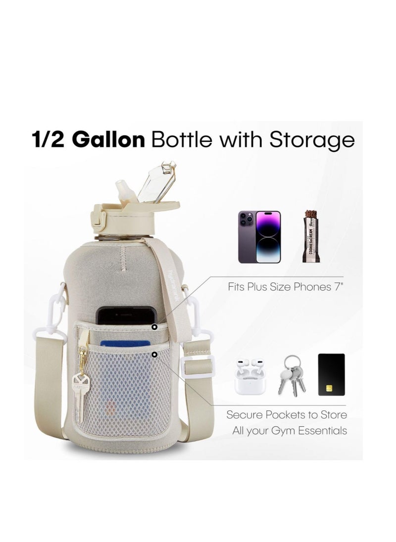 Apana - APANA - Zero BPA Plastic - 2.2L Water Bottle with Straw and Covered Lid – Phone & Key Storage - Drop proof - Leak Proof - Shoulder Strap and Handle – Large Gym Water Bottle – BEIGE - Image 1
