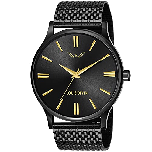 LOUIS DEVIN LD-BK047-GLDBLK Black Metal Chain Analog Wrist Watch for Men (Black Dial) - Image 1