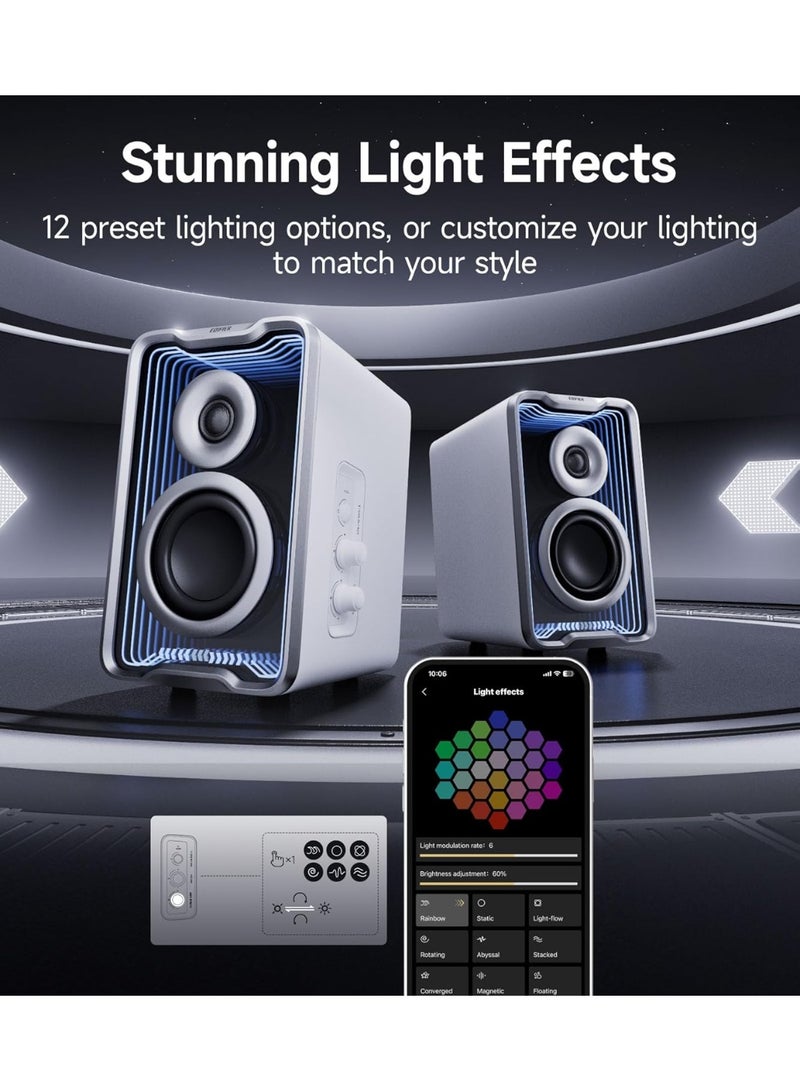 Edifier QR30 2.0 Desktop Active Speaker, Compact Bluetooth V5.4 Computer Speakers, Wireless Bookshelf Speaker, 30W (RMS), 3.5mm AUX & USB-A Wired Input, Dynamic Light Effects, App Control, White - Image 5