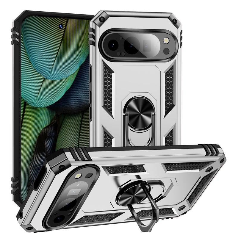 HuHa Protective Cover For Google Pixel 9 Pro / 9 Shockproof TPU + PC Phone Case with Holder(Silver) - Image 1