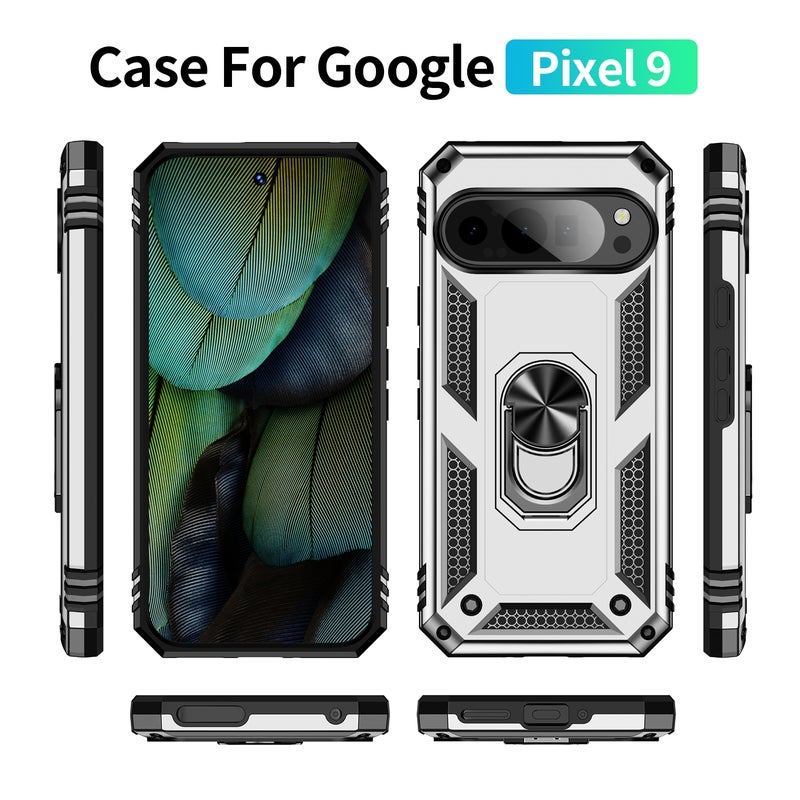 HuHa Protective Cover For Google Pixel 9 Pro / 9 Shockproof TPU + PC Phone Case with Holder(Silver) - Image 2