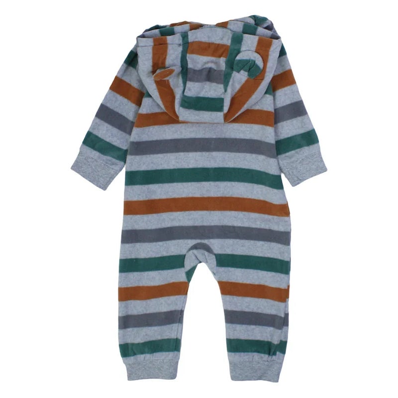 Cherries Baby Boys Cotton Hooded Footless Onesie – Grey Striped with a Truck Design - Image 2