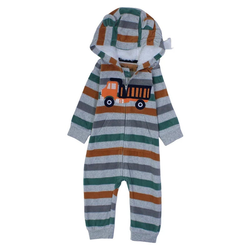 Cherries Baby Boys Cotton Hooded Footless Onesie – Grey Striped with a Truck Design - Image 1