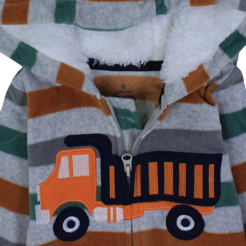Cherries Baby Boys Cotton Hooded Footless Onesie – Grey Striped with a Truck Design - Image 3