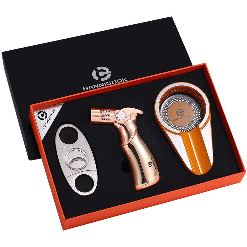 HANNICOOK Cigar Cutter, Lighter & Ashtray Gift Set - Stainless Steel Tools