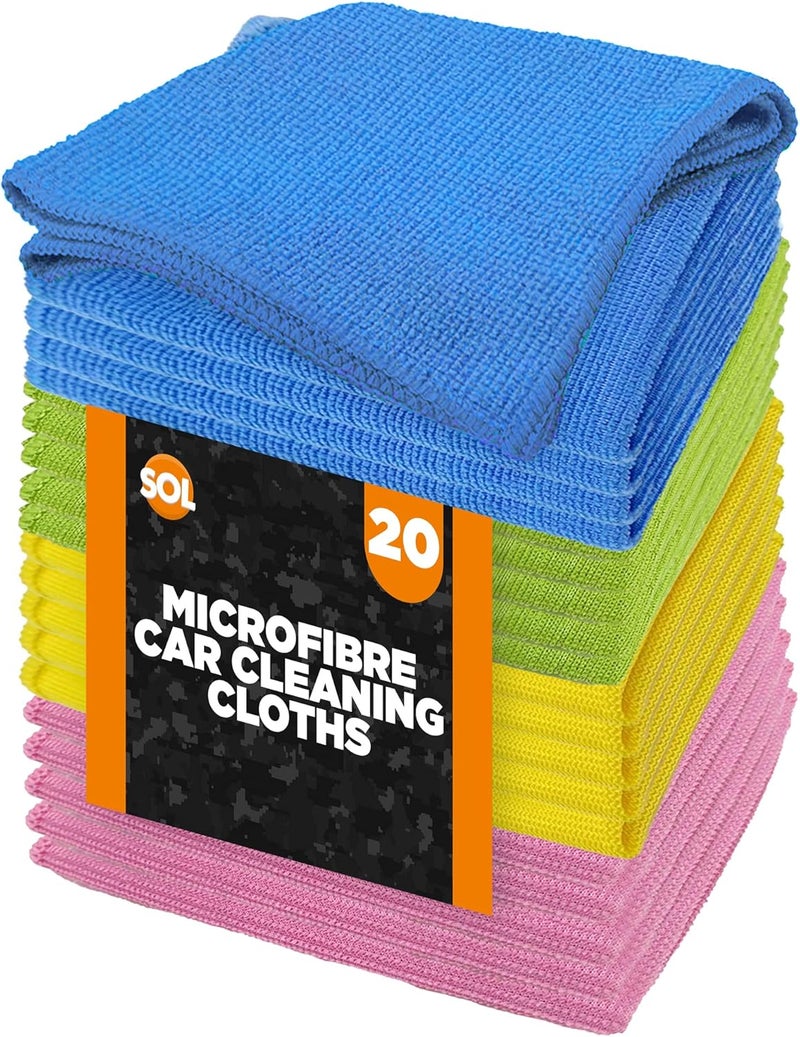 SOL 20 Pack Microfibre Car Cleaning Cloths - 28cm x 28cm for Polishing and Drying - Image 1