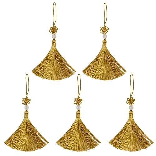 Dnyta Craft Tassels with Hanging Loops 5 Pcs Nylon Ice Silk Tassel Decorative Chinese Knot Mini Tassels for DIY Jewelry Making Door and Car Handing Decoration Handicrafts Gold - Image 1