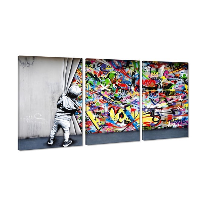 3 PANELS GRAFFITI CANVAS WALL ART BEHIND THE CURTAIN BANKSY POSTER COLORFUL STREET POP ARTWORK FOR LIVING ROOM BEDROOM OFFICE MODERN WALL DECOR FRAMED READY TO HANG24X36X3PCS
