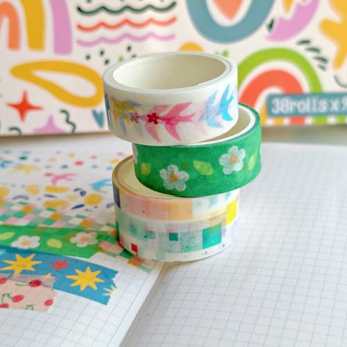 Bomichi 38 Rolls Washi Tape, Aesthetic Colored Decorative Cute Scrapbook Tape for Scrapbooking Supplies Journaling Craft Junk Journal - Image 5