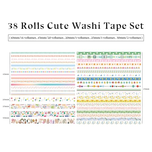 Bomichi 38 Rolls Washi Tape, Aesthetic Colored Decorative Cute Scrapbook Tape for Scrapbooking Supplies Journaling Craft Junk Journal - Image 4
