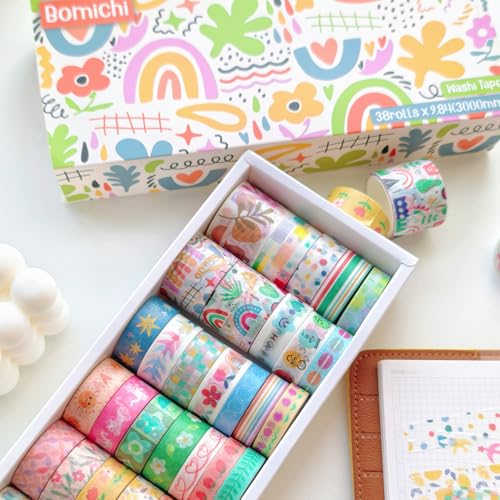 Bomichi 38 Rolls Washi Tape, Aesthetic Colored Decorative Cute Scrapbook Tape for Scrapbooking Supplies Journaling Craft Junk Journal - Image 2