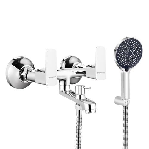 Specule Cube Pure Brass, Wall Mixer With Hand Shower & 1.5 Meter Tube | Modern Bathroom Fittings | Mixer Tap (Chrome Finish) - Image 1