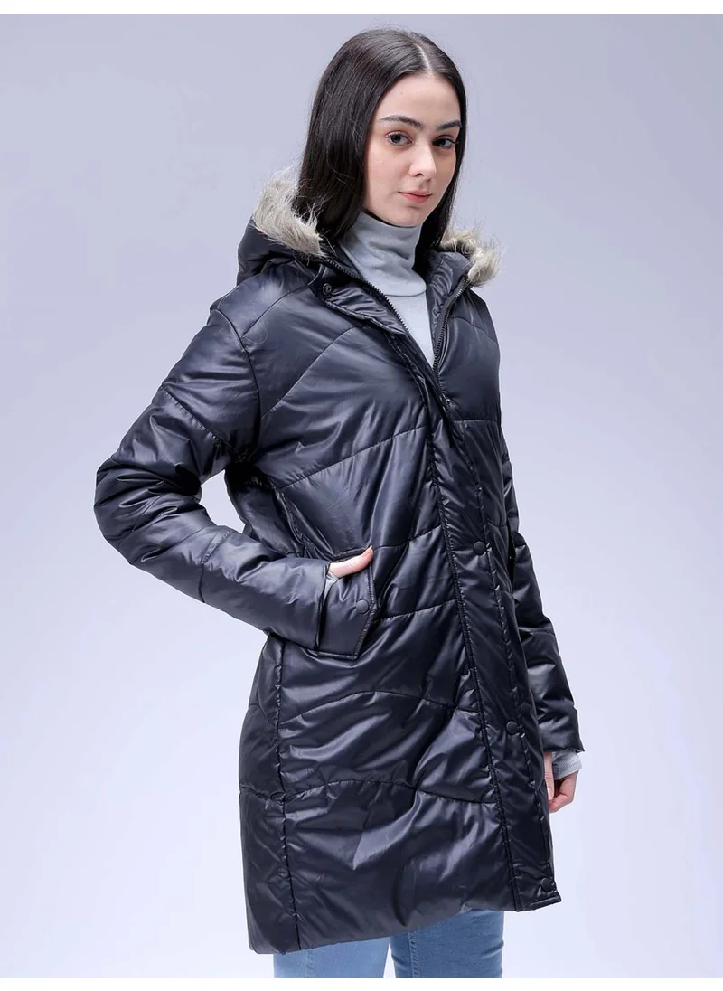 Freehand Women Relaxed Black Solid Hooded Neck Long Sleeve Outerwear