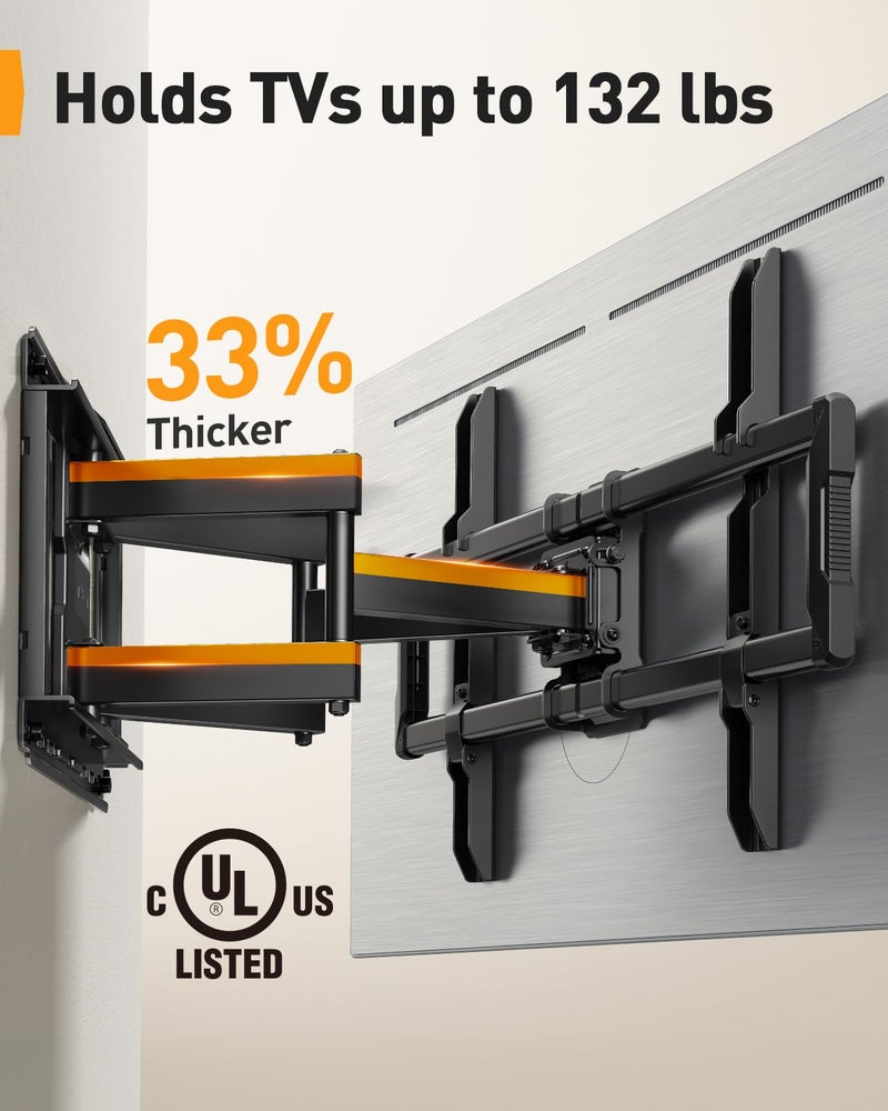 Perlegear UL-Listed Full Motion TV Wall Mount for 42â€“97 Inch Flat Curved TVs up to 132 lbs, 12â€³/16â€³ Wood Studs, TV Mount Bracket with Tool-Free Tilt, Swivel, Extension, Max VESA 600 x 400mm, PGLF15 - Image 3