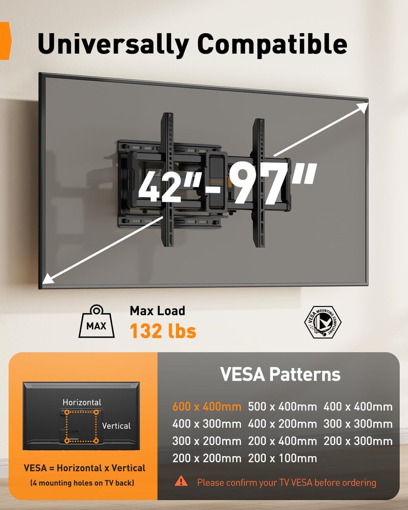 Perlegear UL-Listed Full Motion TV Wall Mount for 42â€“97 Inch Flat Curved TVs up to 132 lbs, 12â€³/16â€³ Wood Studs, TV Mount Bracket with Tool-Free Tilt, Swivel, Extension, Max VESA 600 x 400mm, PGLF15 - Image 2