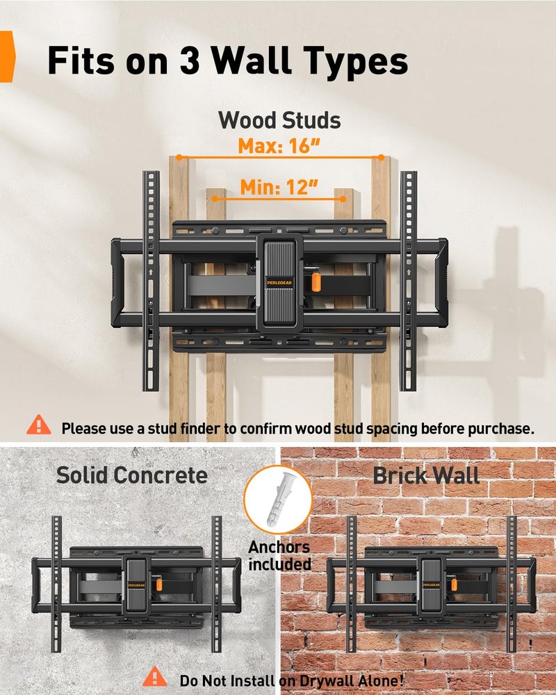 Perlegear UL-Listed Full Motion TV Wall Mount for 42â€“97 Inch Flat Curved TVs up to 132 lbs, 12â€³/16â€³ Wood Studs, TV Mount Bracket with Tool-Free Tilt, Swivel, Extension, Max VESA 600 x 400mm, PGLF15 - Image 4