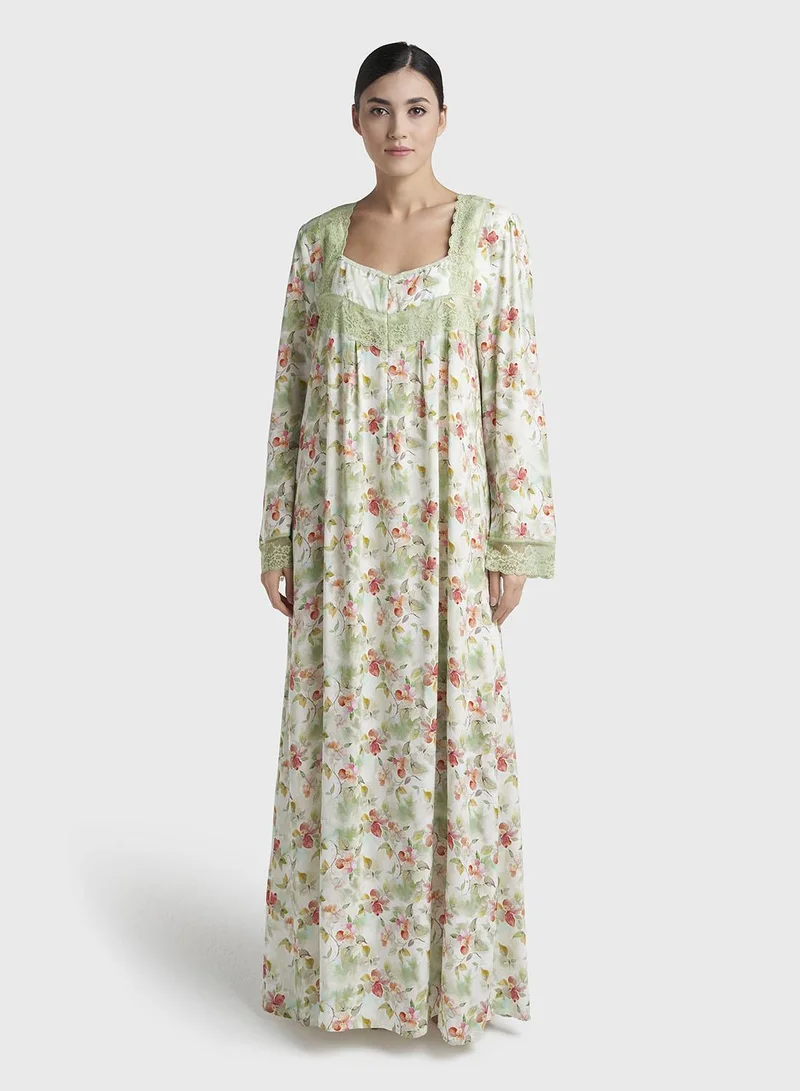 Kashkha Pastel Green Print Rayon Long Nightwear Dress (CNH498)