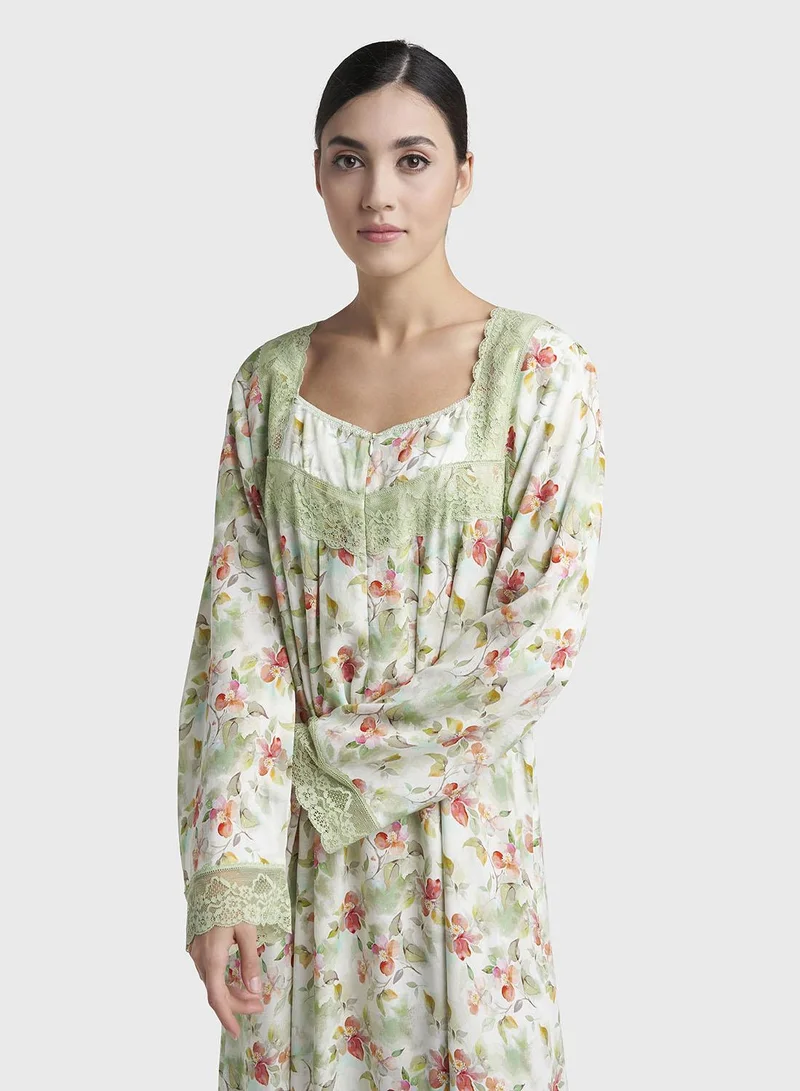 Kashkha Pastel Green Print Rayon Long Nightwear Dress (CNH498)