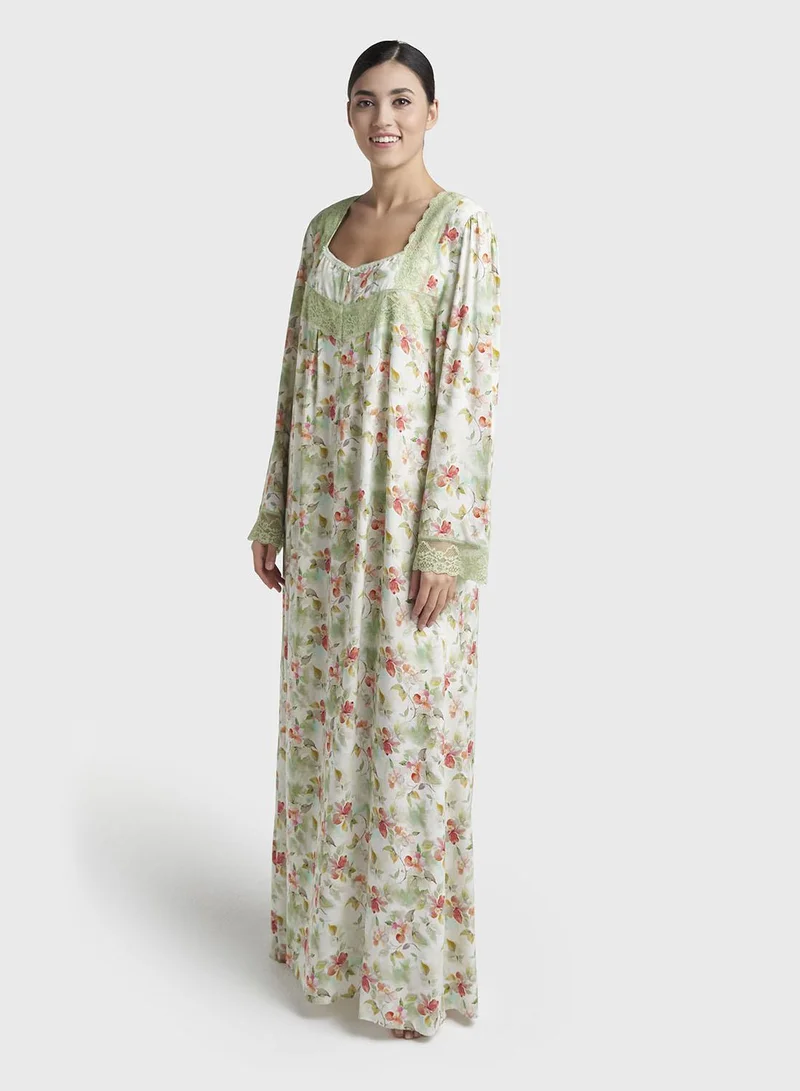 Kashkha  Pastel Green Print Rayon Long Nightwear Dress (CNH498) for Women | Best Price UAE