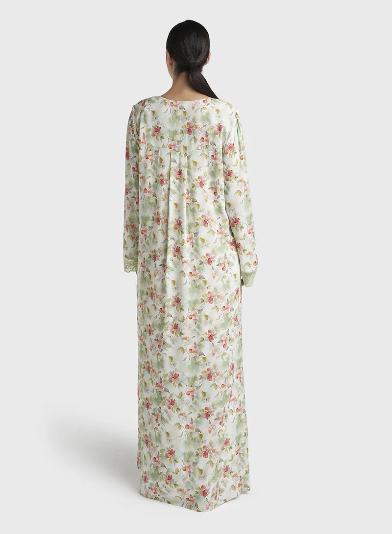 Kashkha  Pastel Green Print Rayon Long Nightwear Dress (CNH498) for Women | Best Price UAE