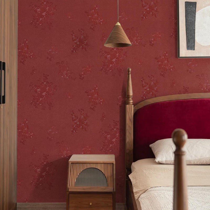 Lativo Dark Red Peel and Stick Wallpaper Textured Embossed Floral Contact Paper Peel and Stick 118inL78.7inW Retro Crimson Red Flower Self Adhesive Removable Wallpaper for Bathroom Waterproof Thicken - Image 4