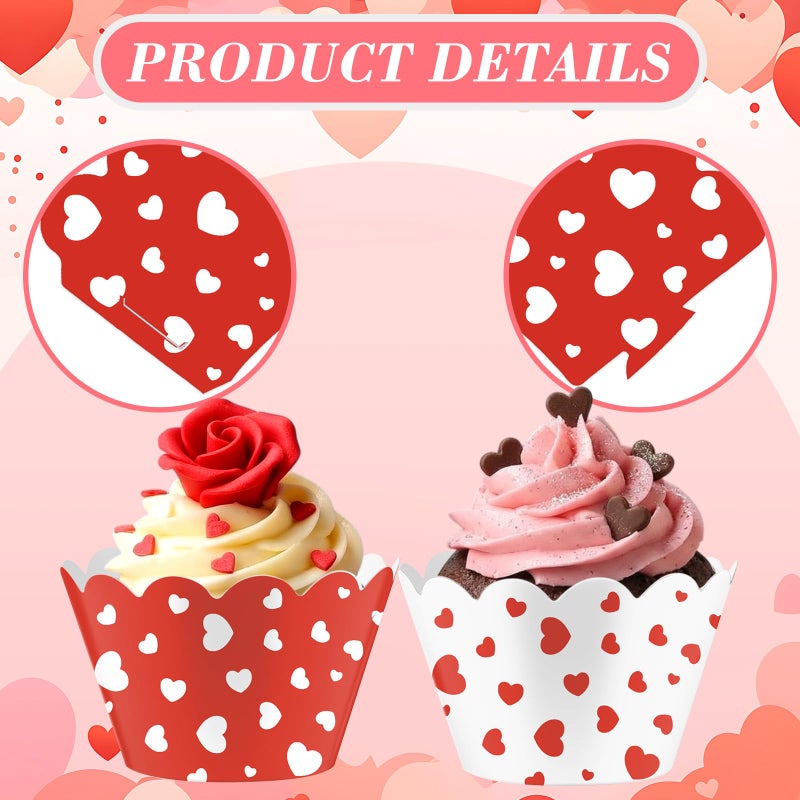 Domensi 100 Pcs Valentine's Day Heart Cupcake Wrappers Rustic Cupcake Liners Red and White Baking Cups Baking Liners for Wedding Bridal Baby Shower Birthday Party Supplies Dessert Decorations - Image 2