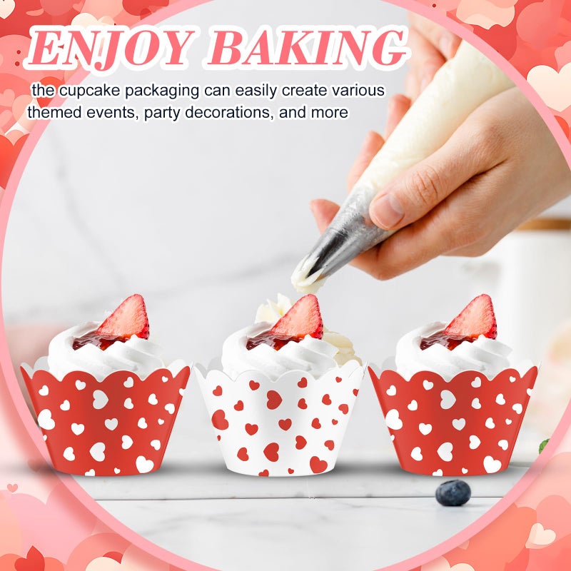 Domensi 100 Pcs Valentine's Day Heart Cupcake Wrappers Rustic Cupcake Liners Red and White Baking Cups Baking Liners for Wedding Bridal Baby Shower Birthday Party Supplies Dessert Decorations - Image 4