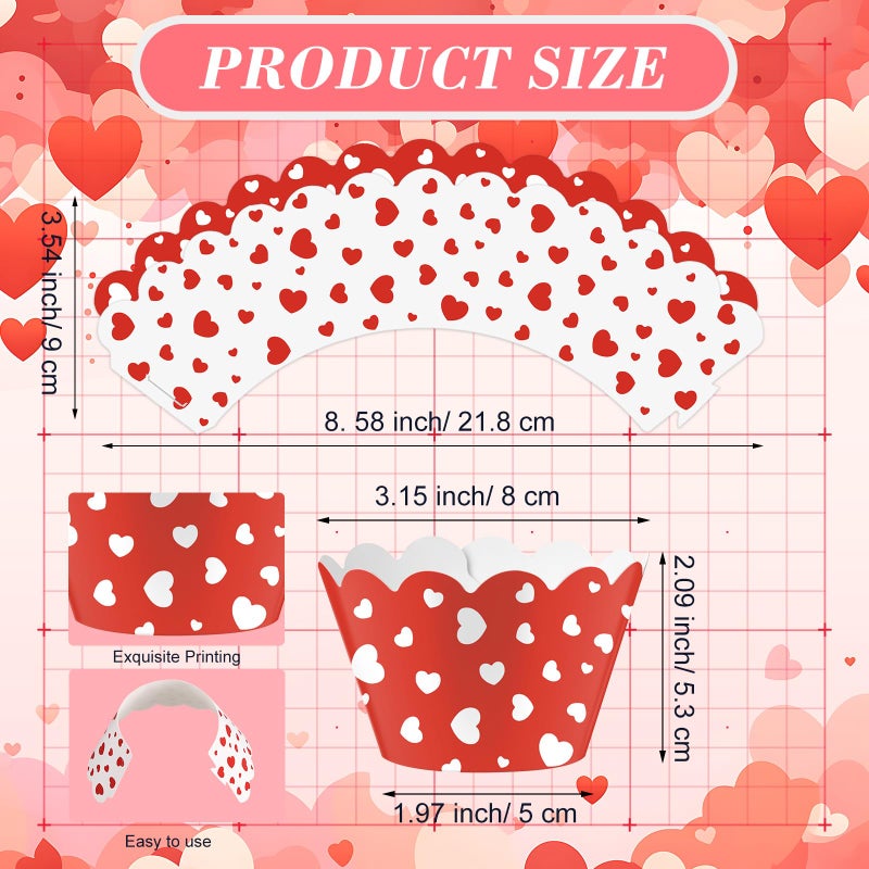 Domensi 100 Pcs Valentine's Day Heart Cupcake Wrappers Rustic Cupcake Liners Red and White Baking Cups Baking Liners for Wedding Bridal Baby Shower Birthday Party Supplies Dessert Decorations - Image 3