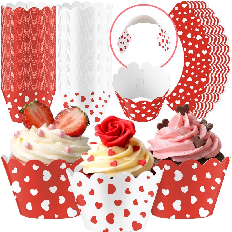Domensi 100 Pcs Valentine's Day Heart Cupcake Wrappers Rustic Cupcake Liners Red and White Baking Cups Baking Liners for Wedding Bridal Baby Shower Birthday Party Supplies Dessert Decorations - Image 1