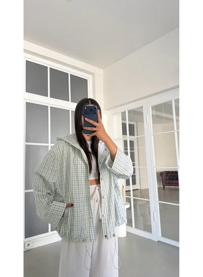 Gaus  Light Green Snap-Button Checked Hooded Raincoat GAUS-02001. for Women | Best Price UAE