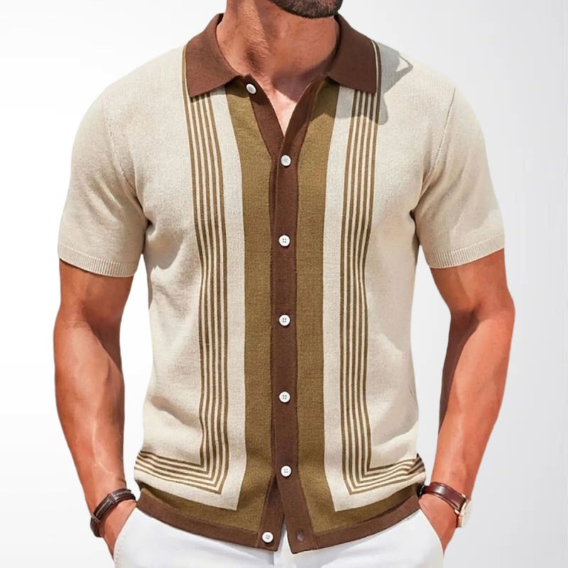 Striped Knit Cardigan Short Sleeve Jacquard Business Polo Shirt - Image 2