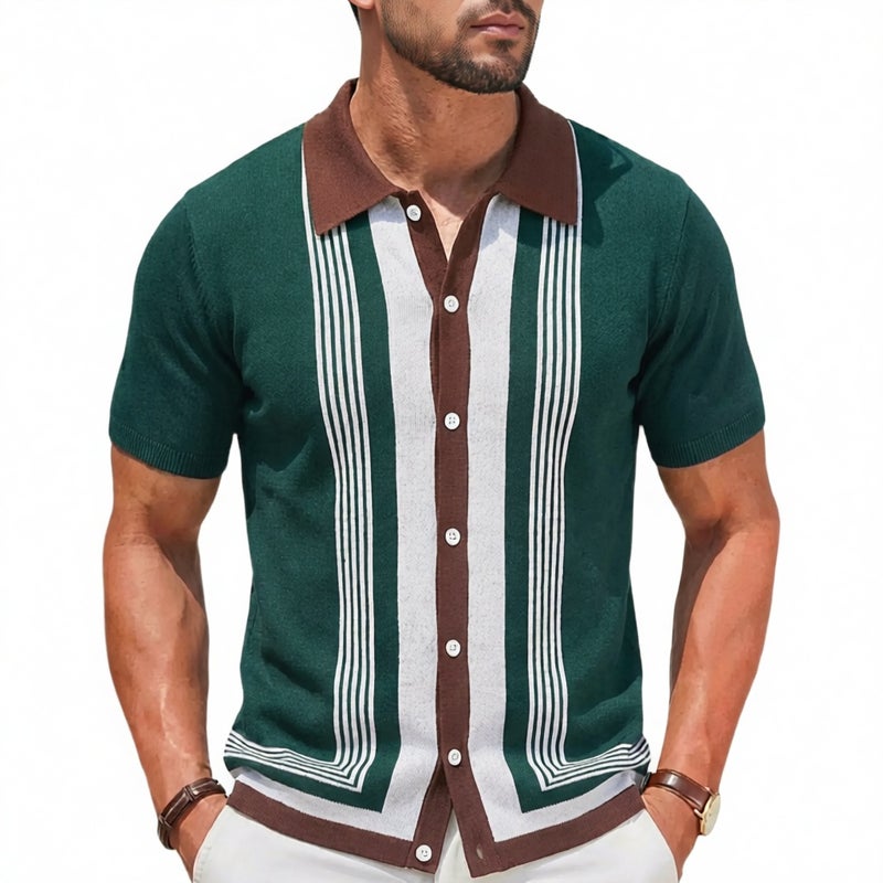 Striped Knit Cardigan Short Sleeve Jacquard Business Polo Shirt - Image 1