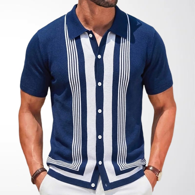 Striped Knit Cardigan Short Sleeve Jacquard Business Polo Shirt - Image 4