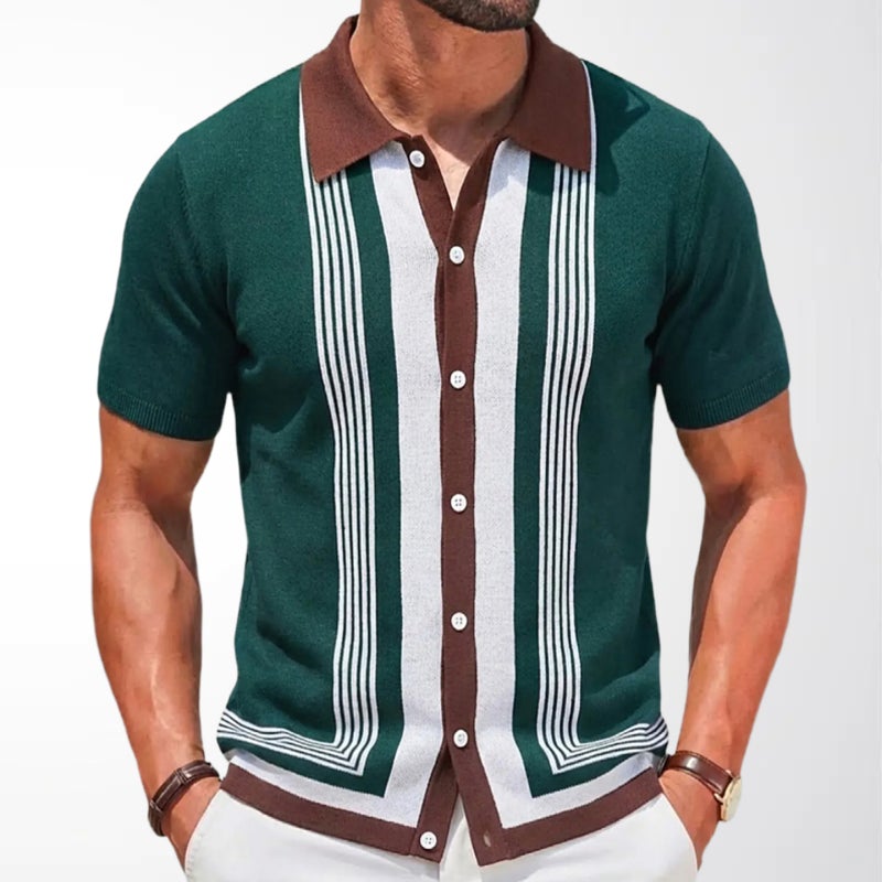 Striped Knit Cardigan Short Sleeve Jacquard Business Polo Shirt - Image 3