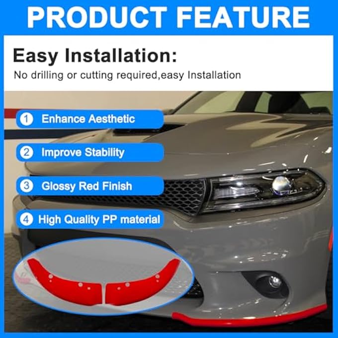 Collect Light Front Bumper Lip Splitter Protector For 2015-2024 Dodge Charger Scat Pack/SRT 2019-2024 Charger GT/RT Front Splitter (Red) - Image 5