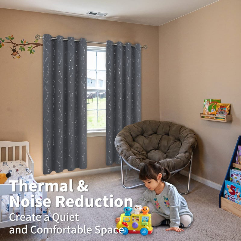 BGment Star & Lines Grey Blackout Curtains 84 Inch Length 2 Panels Set, Thermal Insulated Privacy Grommet Window Drapes for Kids Boys Bedroom, 52 x 84 Inch - Image 2