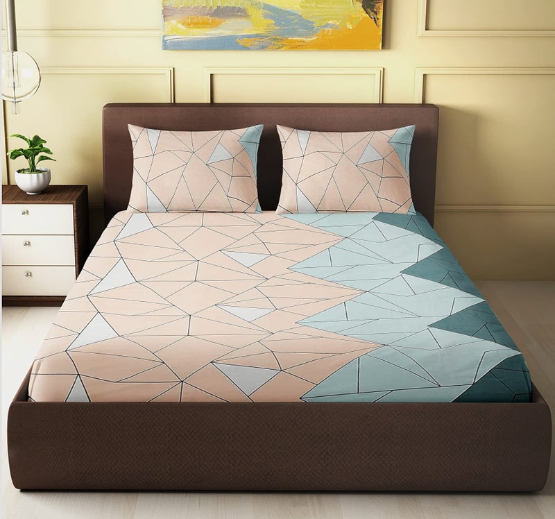 KAWI Cotton Feel 200TC Double Bedsheet Queen Size 78x60 Inches with Elastic Fitting with 2 Pillow Covers (Provide fits up to 8 Inch Mattress) -Pecah/Green Color - Image 1