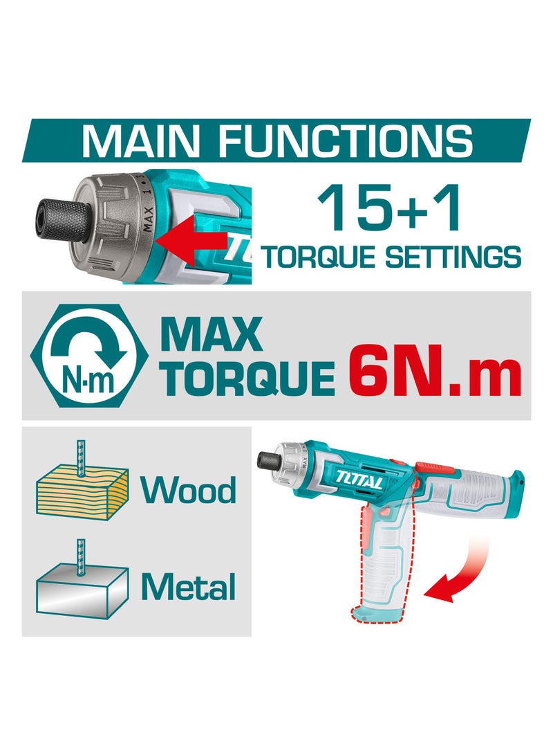 TOTAL 8V Cordless Screwdriver with 2-Position Adjustable Handle - 1/4" Hex Dual-Shape Power Driver with 15+1 Torque Settings, USB-C Charging & 16pc Accessory Kit - TSDLI08025 - Image 2