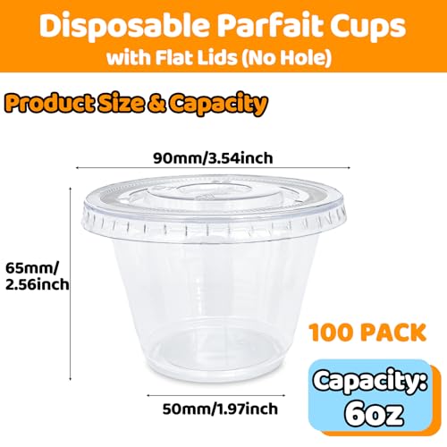 Alaeseje 100 Pack 6 oz Plastic Dessert Cups with Flat Lids (No Hole),Disposable Parfait Cups,Clear Plastic Party Cups for Fruit,Ice Cream,Yogurt,Candy,Salad,Snack,Pudding - Image 2