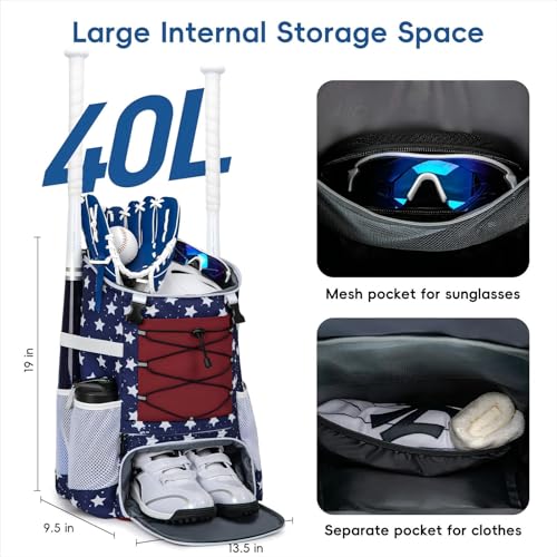 KAVIGOR Baseball Bag for Youth and Adult, Softball Backpack 40L Large Capacity, Bat Backpack with Shoes Compartment and Hidden Helmet Holder - Image 3