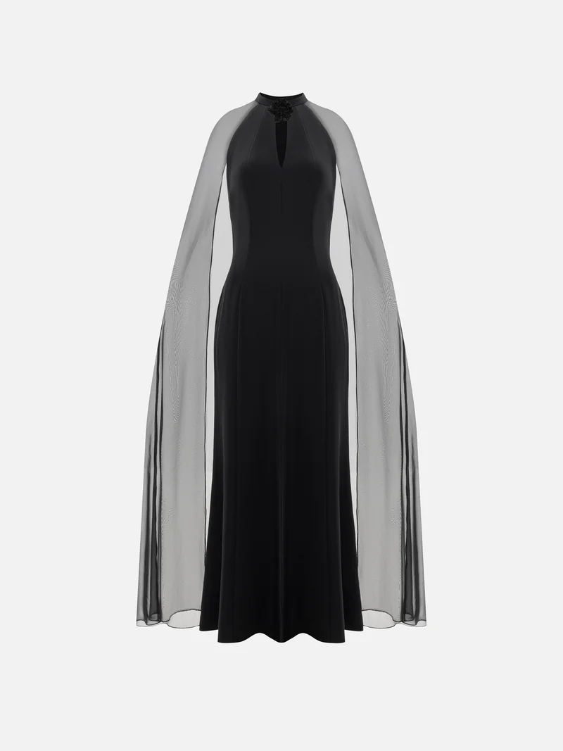 ليتشي Maxi dress with flower on the collar and a light cape