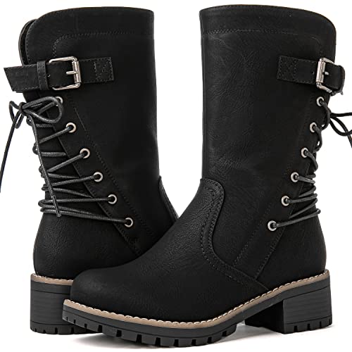 GLOBALWIN Womens Biker Boots Lace up Back Mid Calf Motorcycle Fashion Festival Boots Combat Riding Military Boots for Women Black Size 75 - Image 1