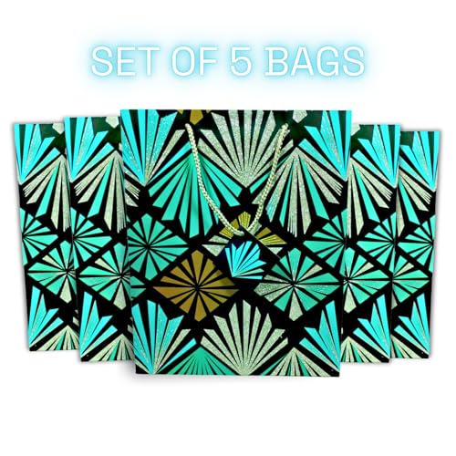 Tresneria Gift Bags with Geometric Pattern, Blue with Glitter, Rope Handle, for Parties and Celebrations (Small-Geometric-Glitter, Set of 5) - Image 2